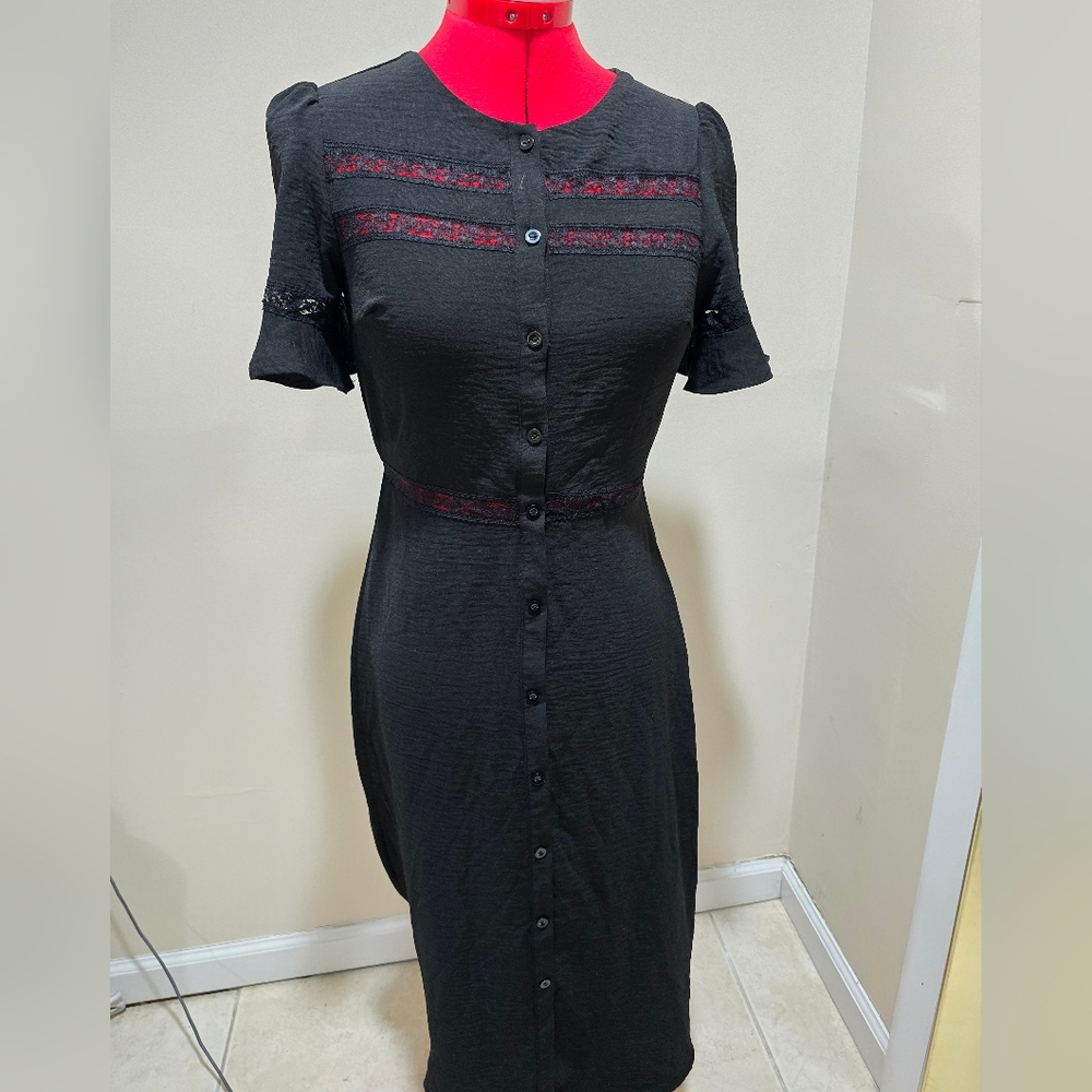 Monteau Black Lace-Trimmed Midi Dress